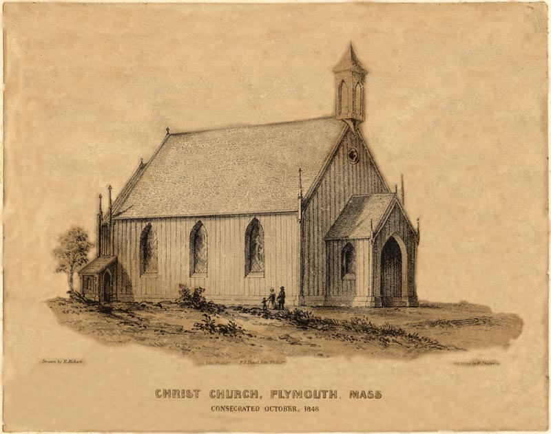 Antique drawing of the original Christ Church consecrated 1846, simple wooden structure with front portico and simple, short steeple